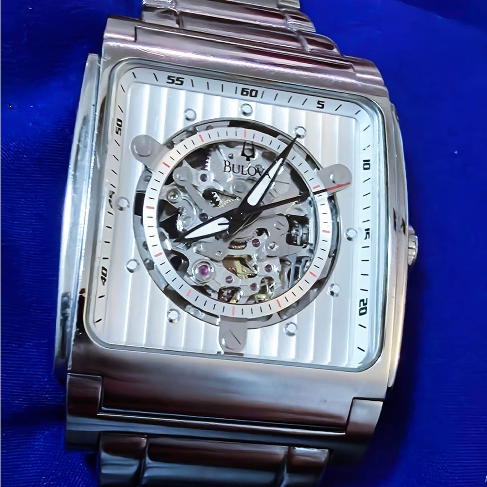 Bulova 96A107 Skeleton Dial Automatic Luxury Mens Tank Watch